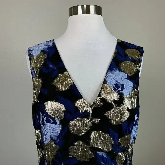 Badgley Mischka Metallic Floral Print A-Line Cocktail Dress Blue Multi Size 12 - Picture 8 of 13